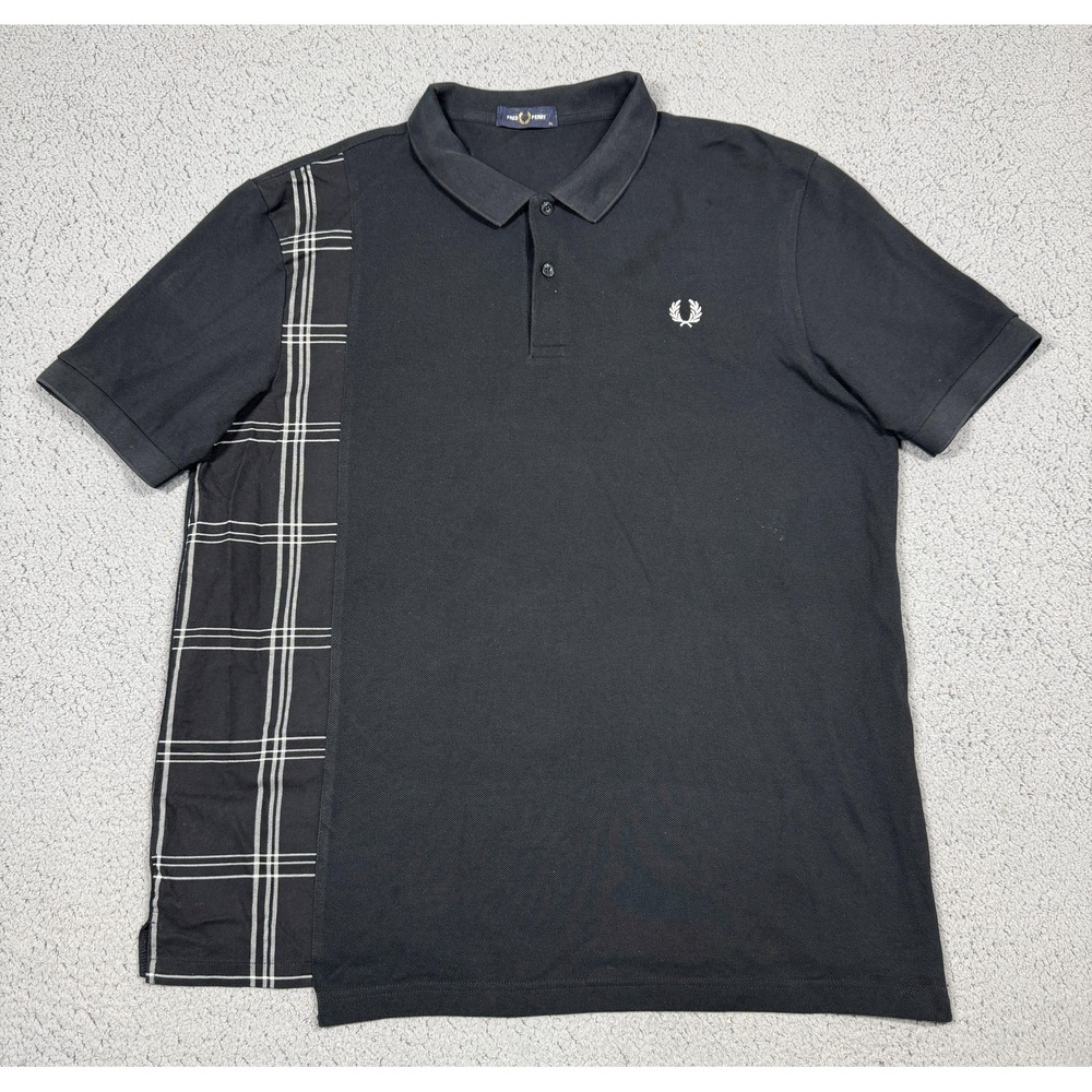 Fred Perry Polo Shirt Mens XL Black Plaid Panel Cotton Pique Casual Logo